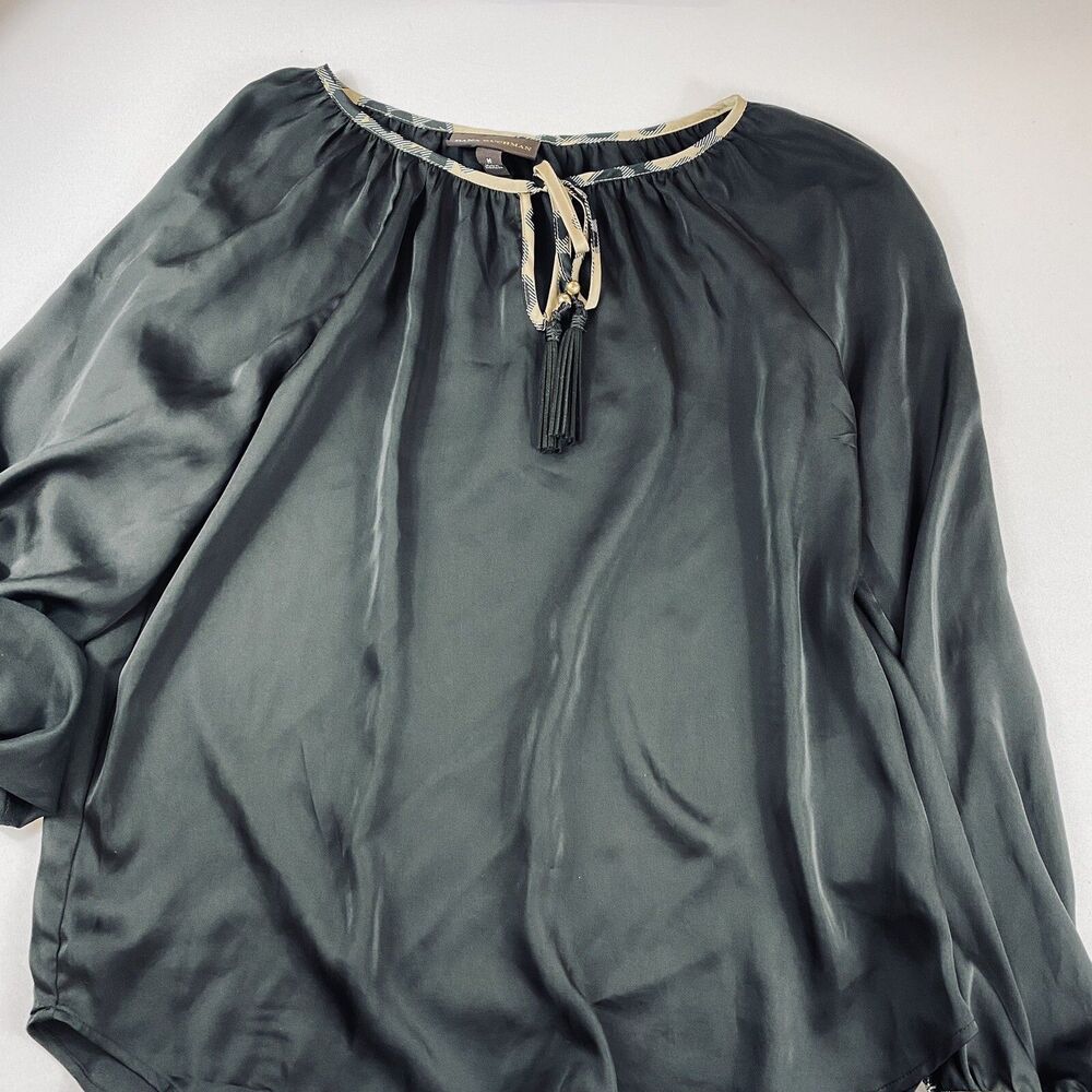 Dana Buchman Womans Size M Round Neck Tie Front long Roll Tab Sleeve Blouse